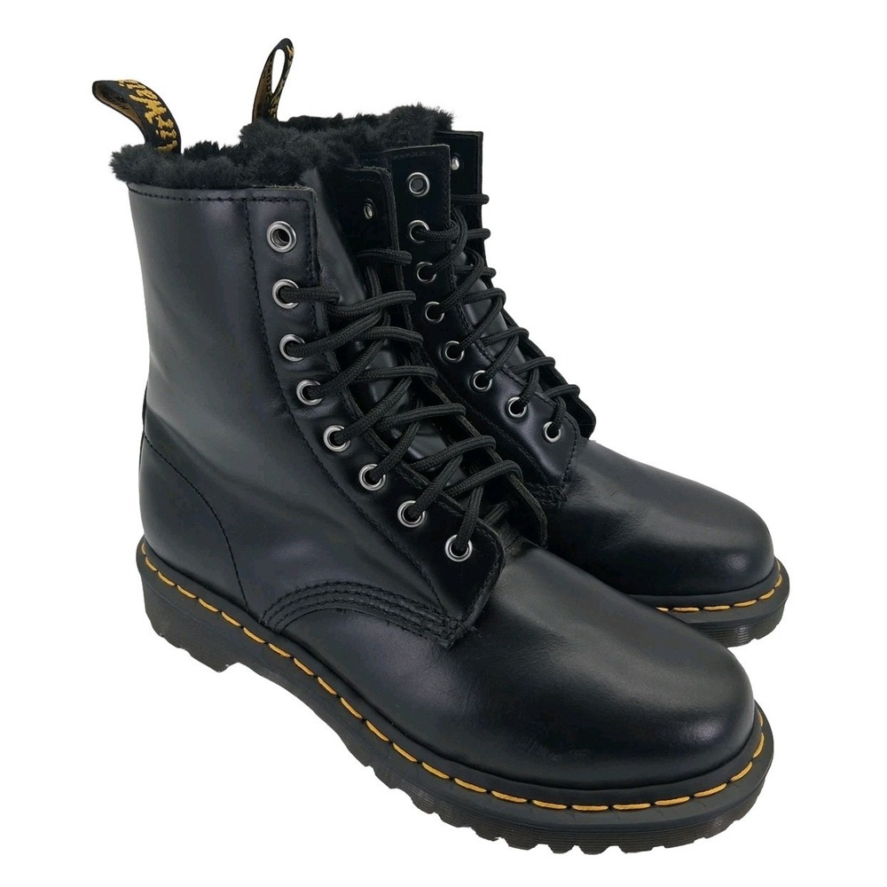 Dr. Martens 1460 Serena Boots Womens Size 8 Black Leather Combat Faux Fur Lined